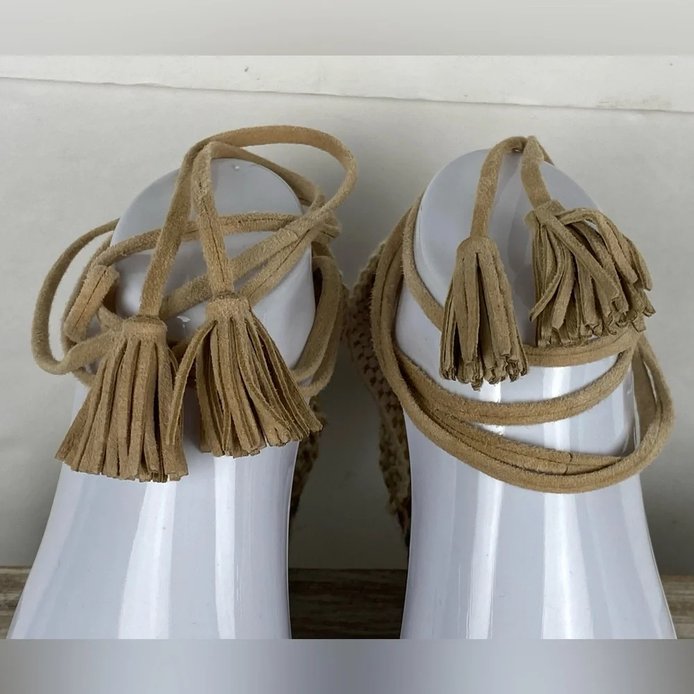 J. Crew Baja desert canyon Suede Flat Espadrilles Sz 9 Lace Up Ankle Ties Beige - Picture 8 of 12